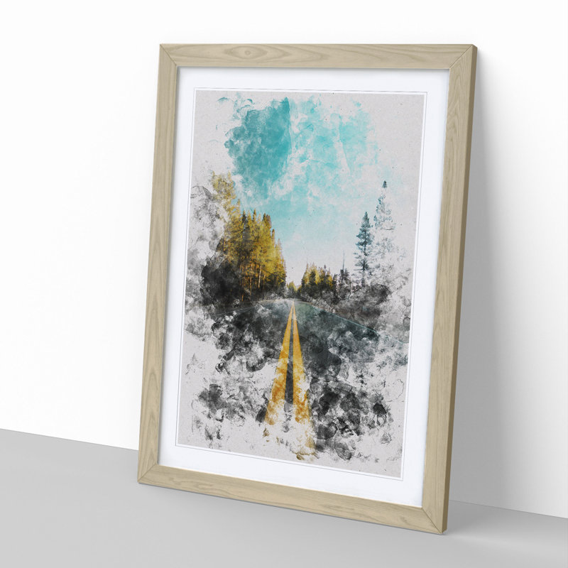 Road Through Yosemite National Park Watercolour - Picture Frame Graphic Art, 48cm H x 36cm W x 2cm D, Oak Framed