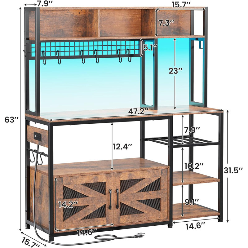 47.2 Inch Bakers Rack With Power Outlet, Microwave Stand With Storage, Farmhouse Coffee Bar Cabinet Station With Wine Rack