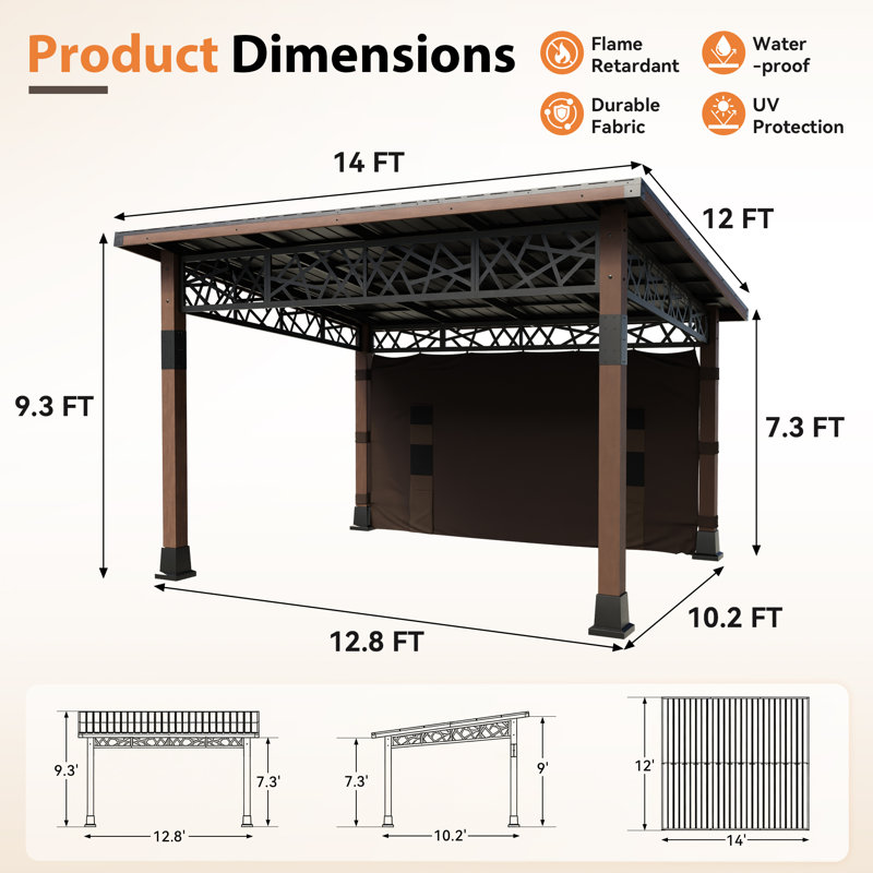 Pavillon de jardin d'extérieur en bois avec toit incliné 12 pi x 14 pi Joyside Joyce