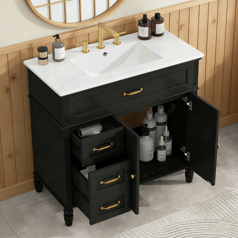 Meuble-lavabo avec lavabo et 3 tiroirs, Noir