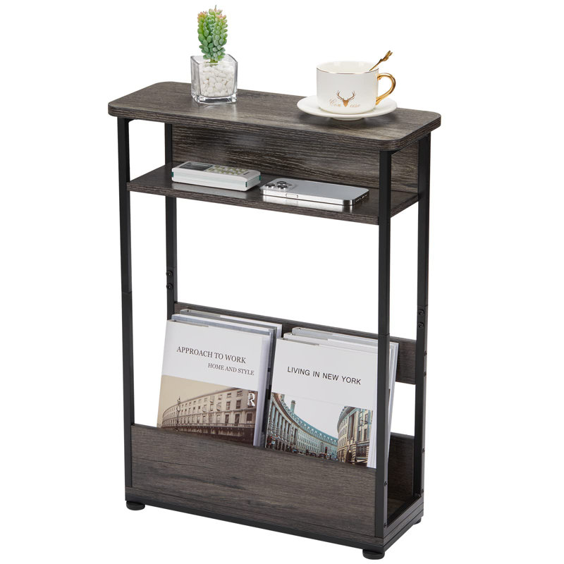 Industrial Rustic 3 Tier Side Table With Magazine Rack, Grey