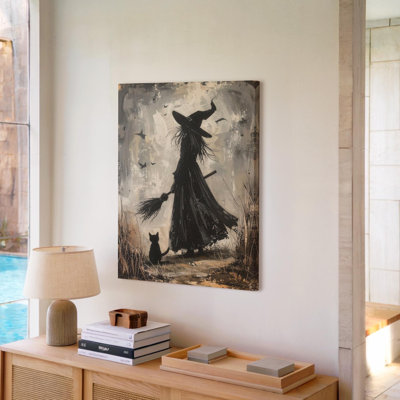 Wall Art Canvas Solitary Witch And Cat Silhouette Mystical Grayscale Ready To Hang Gallery Wrapped Home Decor Modern Design Premium Quality