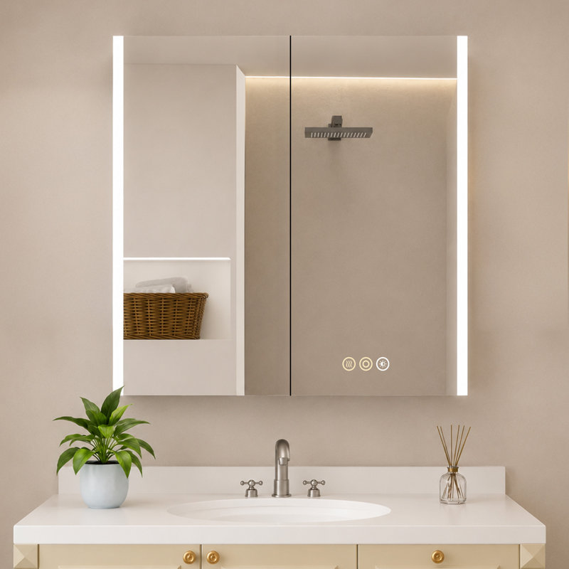 Armoire à pharmacie avec miroir à DEL de 48 po x l 32 po avec éclairage à intensité variable, désembueur, très grand espace de rangement, tablettes en verre réglables, montage encastré ou en surface, homologué ETL