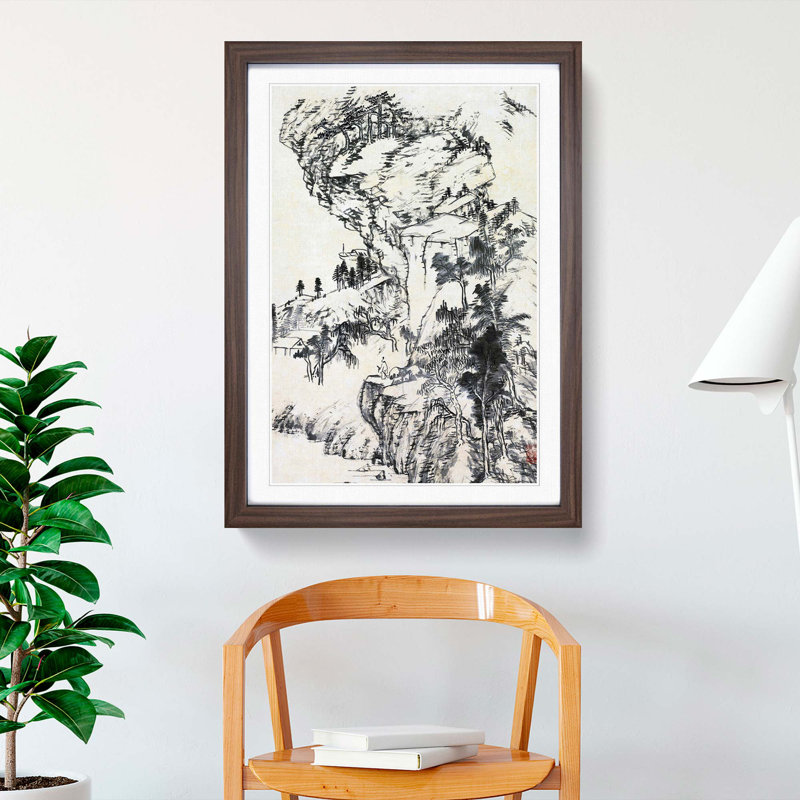 Landscape View by Bada Shanren - Picture Frame Painting Print, 36cm H x 27cm W x 2cm D, Walnut Framed