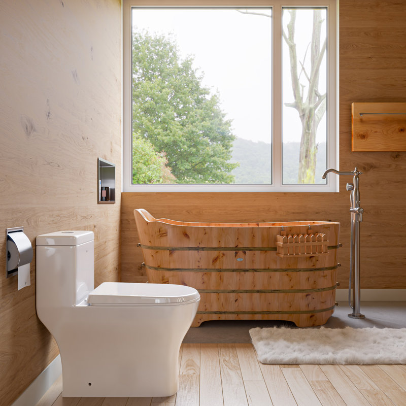 ALFI Brand 59'' Cedar Wood Freestanding Soaking Tub with Bench