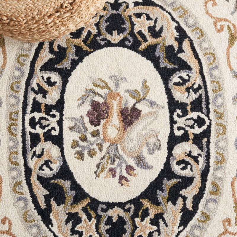 Savonnerie Hand Tufted Wool/Cotton Floral Rug in Black/Ivory/Ivory/Black, Rectangle 5' x 8'