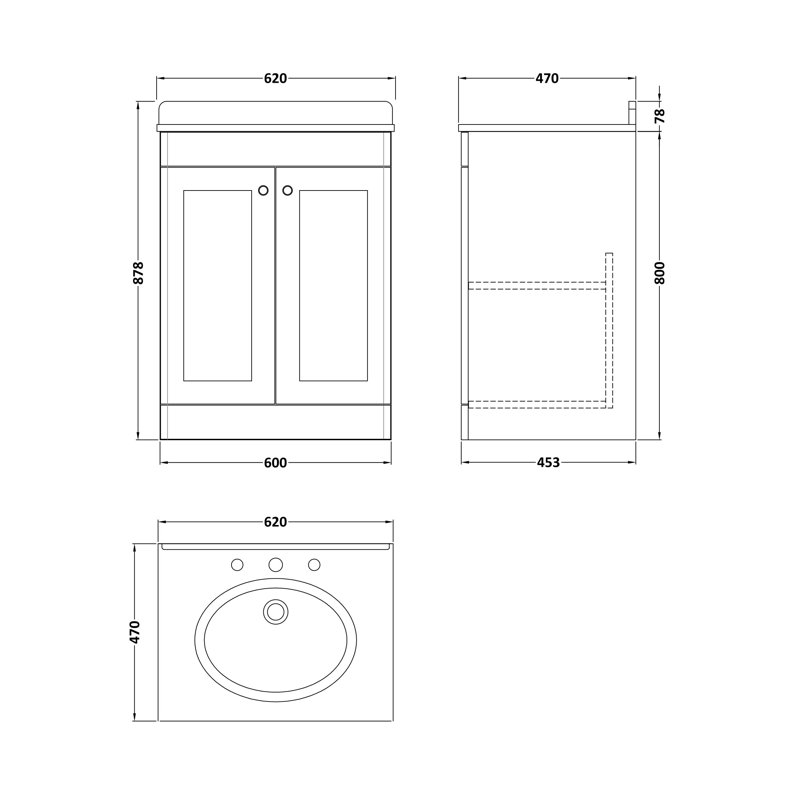 Classique 620mm Single Bathroom Vanity with Undermount Vitreous China Basin, Satin White, Black