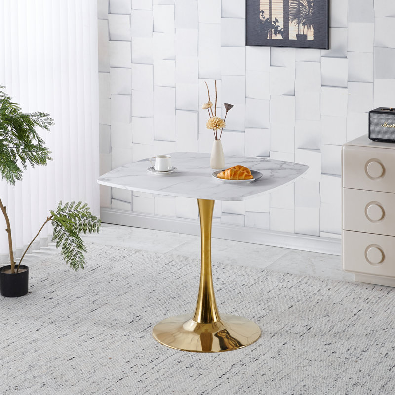 Table de salle à manger 31,5 pouces carré pour 2 à 4 personnes Mid-Century, H 28,93 po x L 31,5 po x l 31,5 po, Gris, Doré