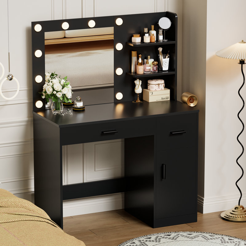 39.3" W Manufactured Wood Vanity Set with LED Mirror and Charging Station , Black