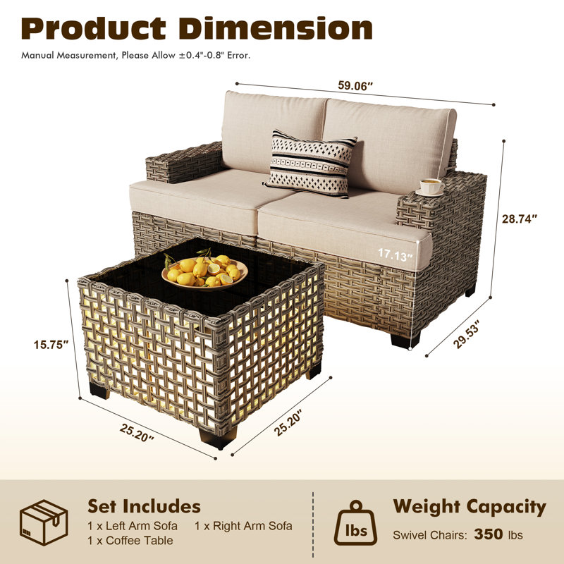 Modern Outdoor Wicker Patio Sofa Set With Solar-Lit Coffee Table, Modular Seating & Wide Armrests For Backyard, Patio Or Garden