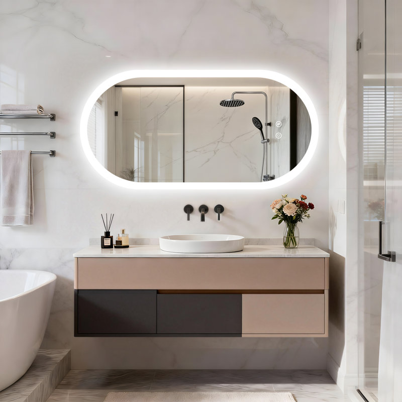 Miroir de salle de bain mural ovale 3 tailles à DEL avec anti-buée et à intensité variable, 39,5 po x 20 po
