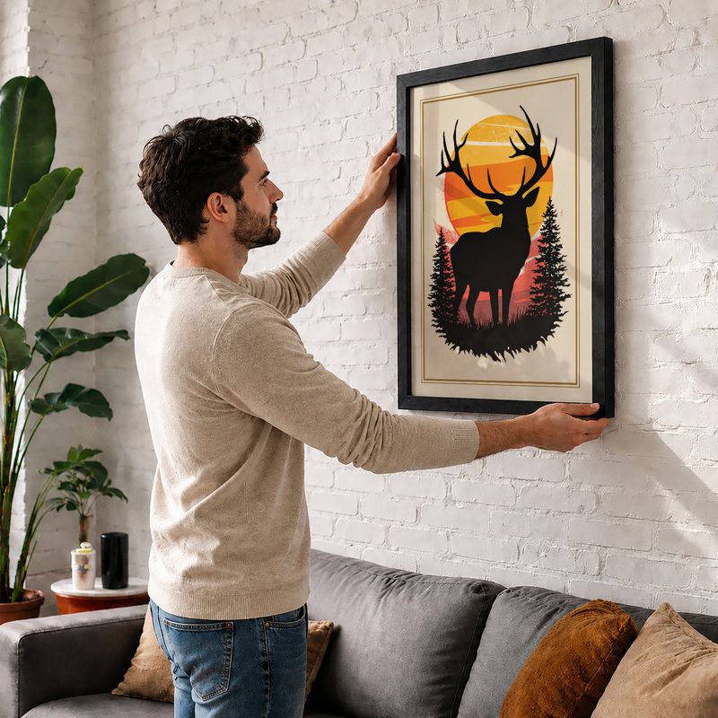 Deer in Golden Light Scandinavian - Framed Print, A2 - 59.4 x 42.0 cm, Black