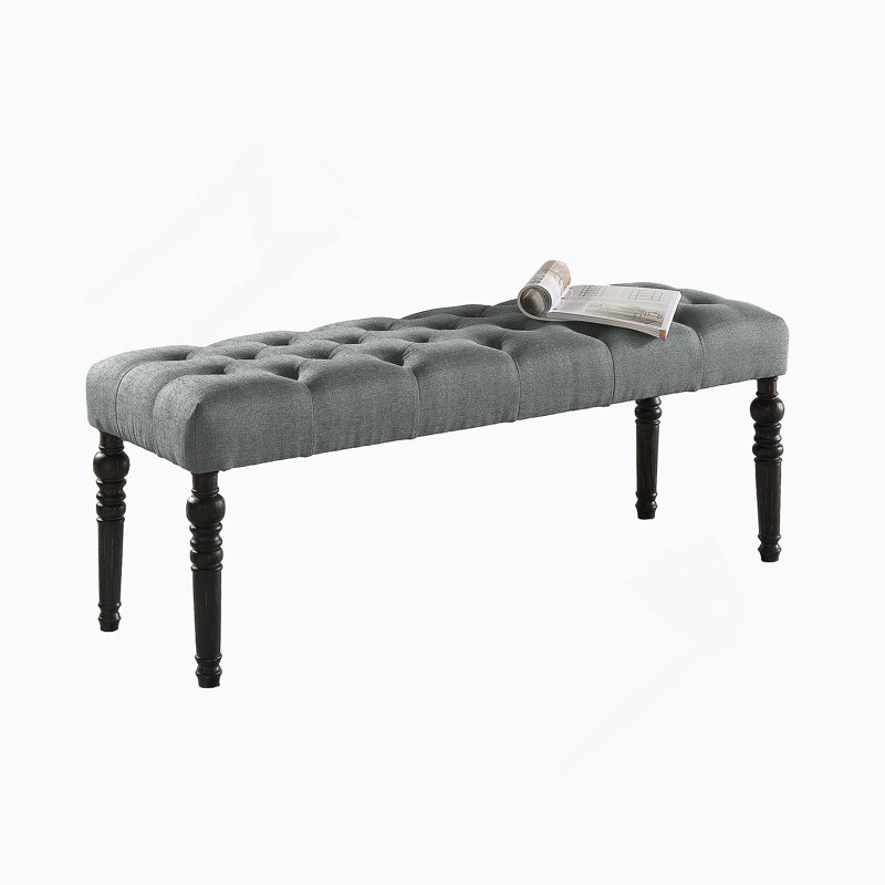 Tufted Turned Leg  Dining Bench, Gray, Gray