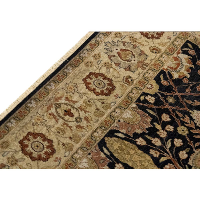 Tapis noir / beige en laine noué à la main de conception unique 6 pi 2 po x 9 pi