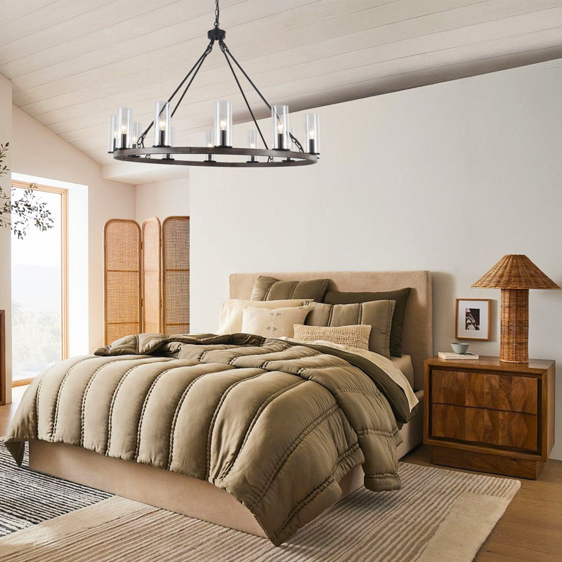 Lustre en roue de chariot à 12 lumières à intensité variable avec abat-jour transparent, Noir / brun