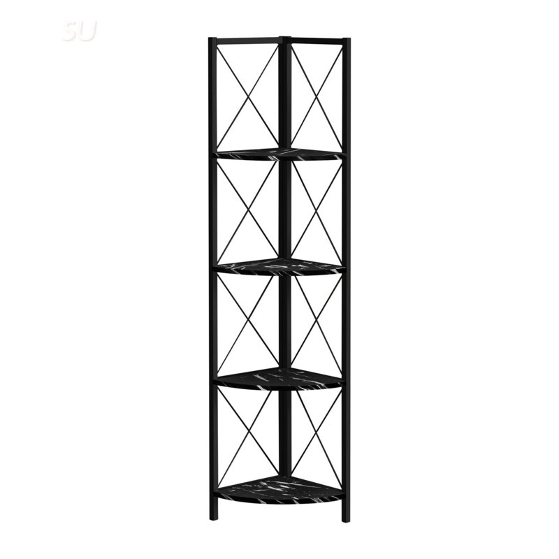 Contemporary 4-Tier Corner Etagere Bookcase With Marble Look Laminate And Metal Frame, Ideal For Office And Bedroom, Black