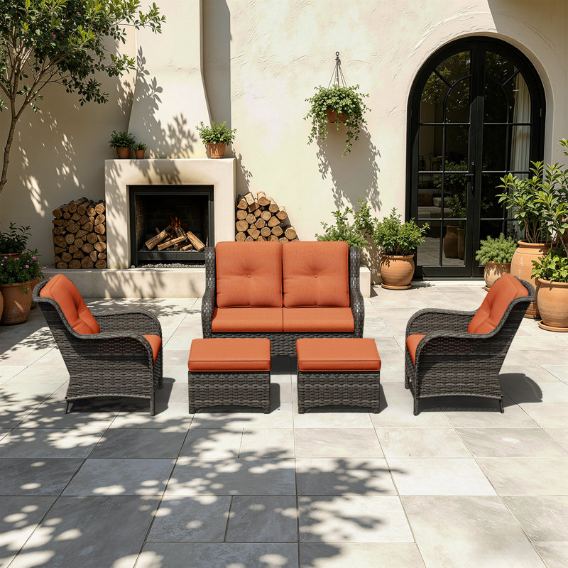 5-Piece All-Weather Wicker Patio Conversation Set With Loveseat, Arm Chairs & Ottomans, Outdoor PE Rattan Furniture With Cushions For Backyard, Porch & Deck