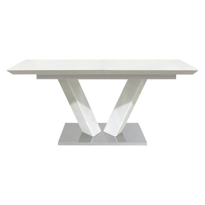 Sleek Contemporary Style Dining Table White High Gloss Finish Tabletop Self-Storing Extension Leaf V-Shaped Support Chrome Base Plate Dining Room Furniture 1Pc