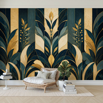 Papier peint adhésif autocollant amovible à motif géométrique bleu or géométrique amovible pour chambre à coucher H 100 po x l 144 po