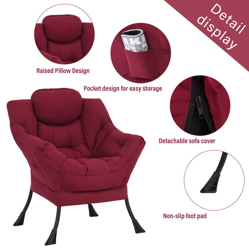 Burgundy Velvet Accent Chair with Ottoman and Metal Frame