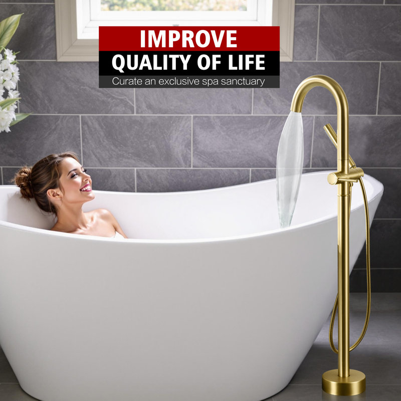 Modern Brass Freestanding Bathtub Faucet With 360° Swivel & Handheld Shower - 9.48Gpm Flow, Ceramic Disc Valve, Brushed Gold