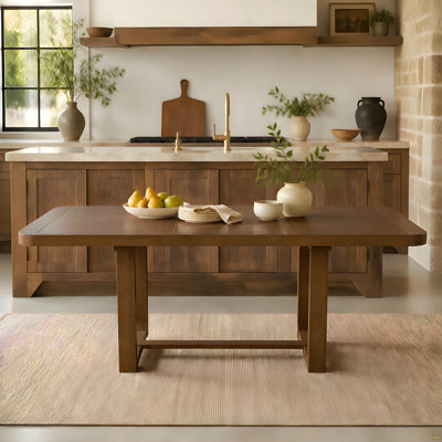 Extendable Solid Wood Dining Table, 60-84inch Rectangular Kitchen Table with Rounded Corners, Removable Leaf, Groove Line Detailing, Stretcher Base &