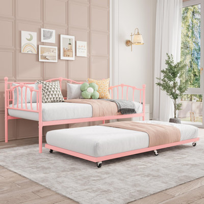 Twin Size Daybed, Sofa Bed Frame with Heart-Shaped Decoration and Steel Slat Support, Space-Saving