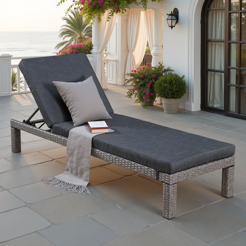 Chaise longue d'extérieur en osier avec coussin hydrofuge et structure en fer
