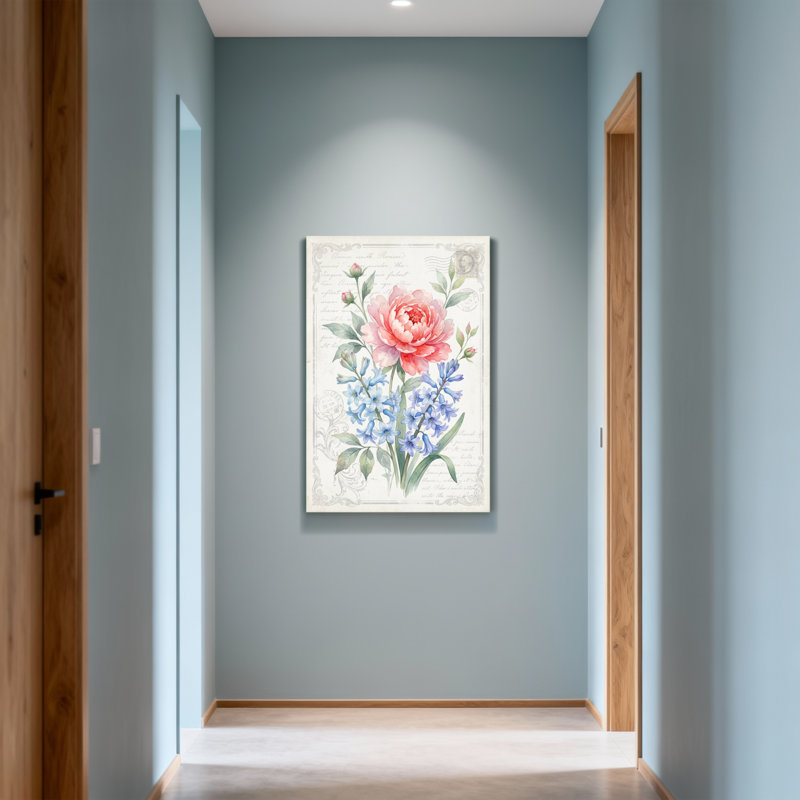 Plantes et fleurs roses et bleues, H 18 po x l 12 po