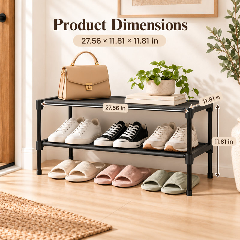 Shoe Rack - Non-Woven Shoe Rack Shelf, Shoe Organizer for Closet, Entryway, Garage & Corridor, Stackable Shoe Shelves, 27.5" Wide - 2 Tier, Black