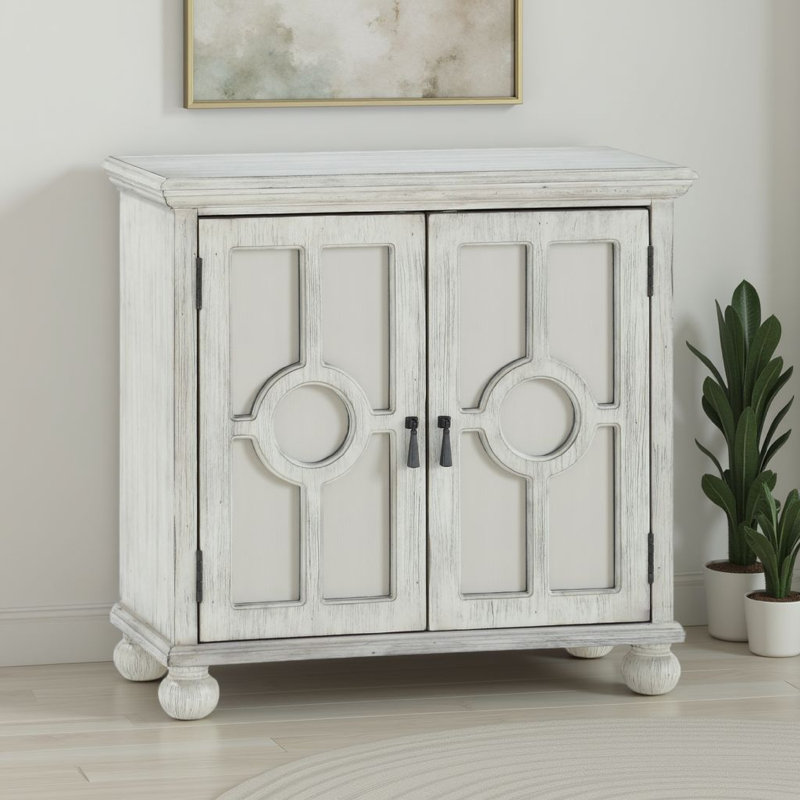 Armoire décorative Anik, 2 portes en verre incrustées de miroirs, bois, Blanc antique