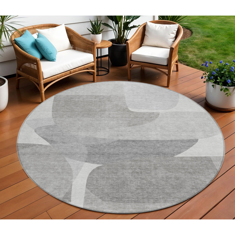 Tapis extérieur rond lavable abstrait en lin et gris 8 pi