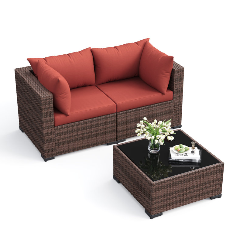 Ensemble de conversation de patio extérieur 2 pièces en résine tressée PE, canapé deux places et table basse en verre avec coussins