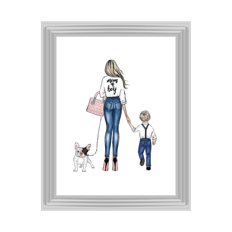 Mum And Son With Frenchie - Single Picture Frame Print