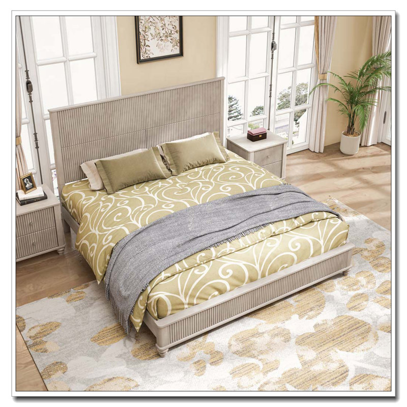 Ensemble de chambre à coucher avec lit et deux tables de chevet, Beige, Très grand