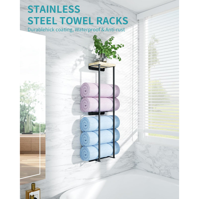 Porte-serviettes mural à 2 niveaux avec tablette en bois, porte-serviettes en métal et organisateur pour un espace de rangement amélioré