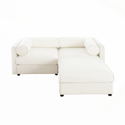 Stylish White Chenille 2-Seater Sofa with Ottoman Storage Seat, Cylindrical Backrest and Armrests, Modern Fabric Loveseat Featuring Hidden Storage Space