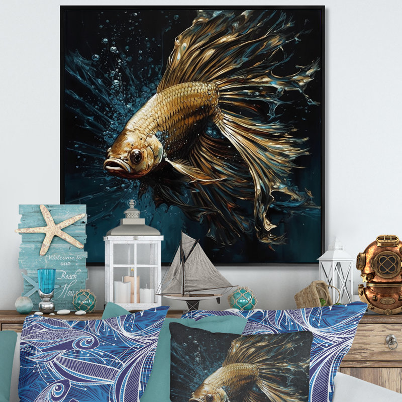 «Gold Fish in the Ocean II - Animal Fish», reproduction d'art, H 36 po x l 36 po x P 1,5 po, Cadre flottant noir