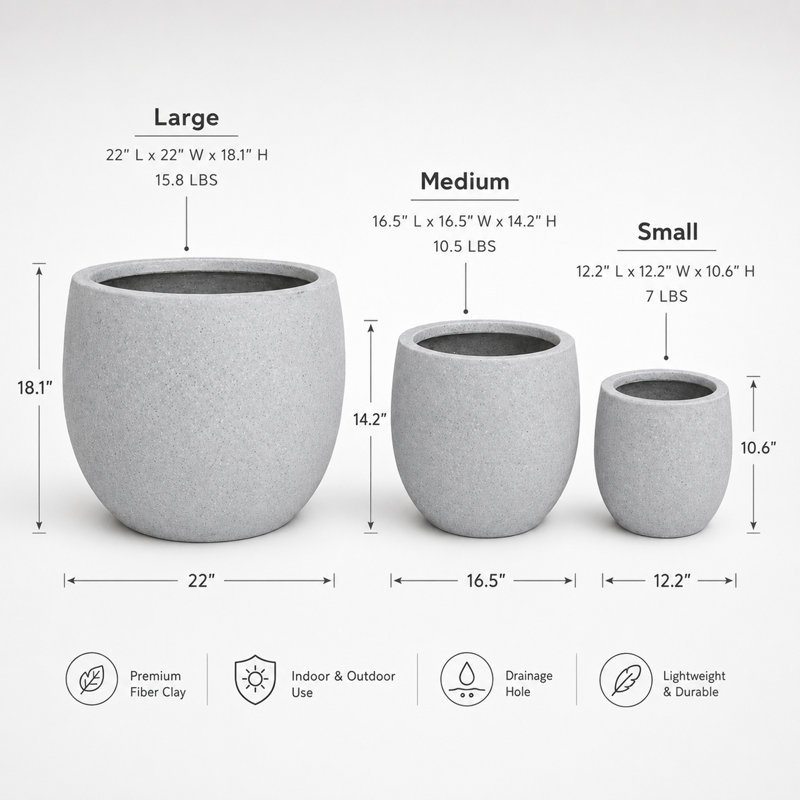 Ensemble de 3 jardinières rondes d'intérieur / extérieur en polystone, gris, Gris