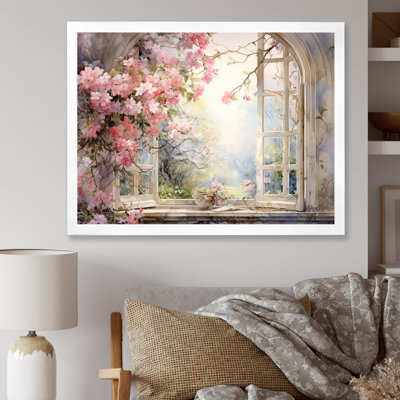 Pink Blossoming country window Gaze  I - Window Canvas Print Wall Art