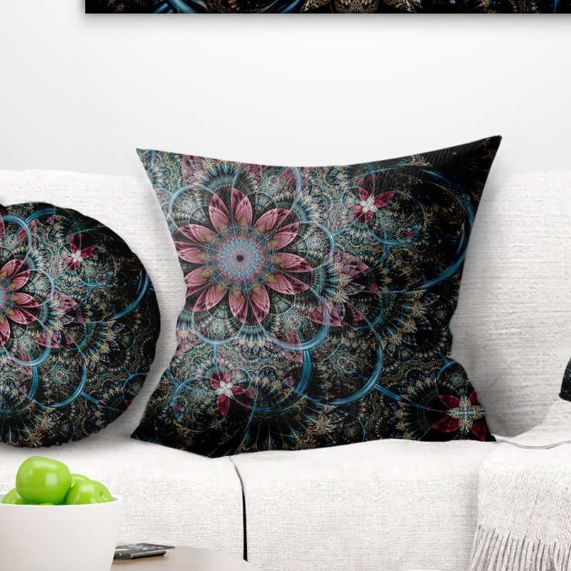 Fractal Flower in Dark Blue Digital Art - Floral Printed Pillow, 18 po x 18 po, Coussin décoratif