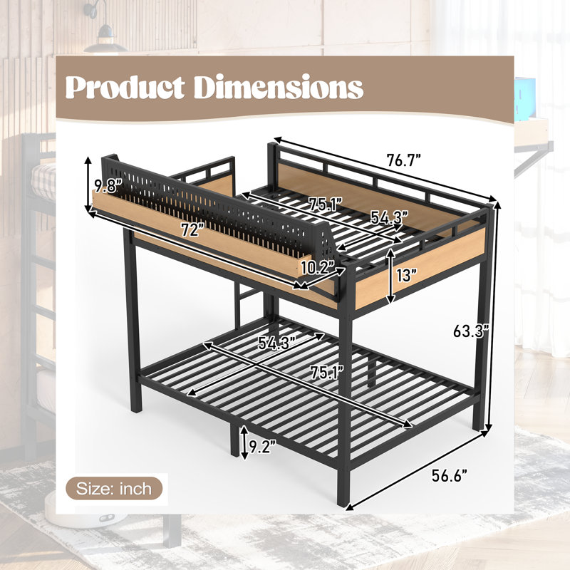 Lit superposé en métal de 82 po avec lumières DEL et ports USB, cadre de lit noir et naturel multi-tailles avec tablettes de rangement et panneau perforé