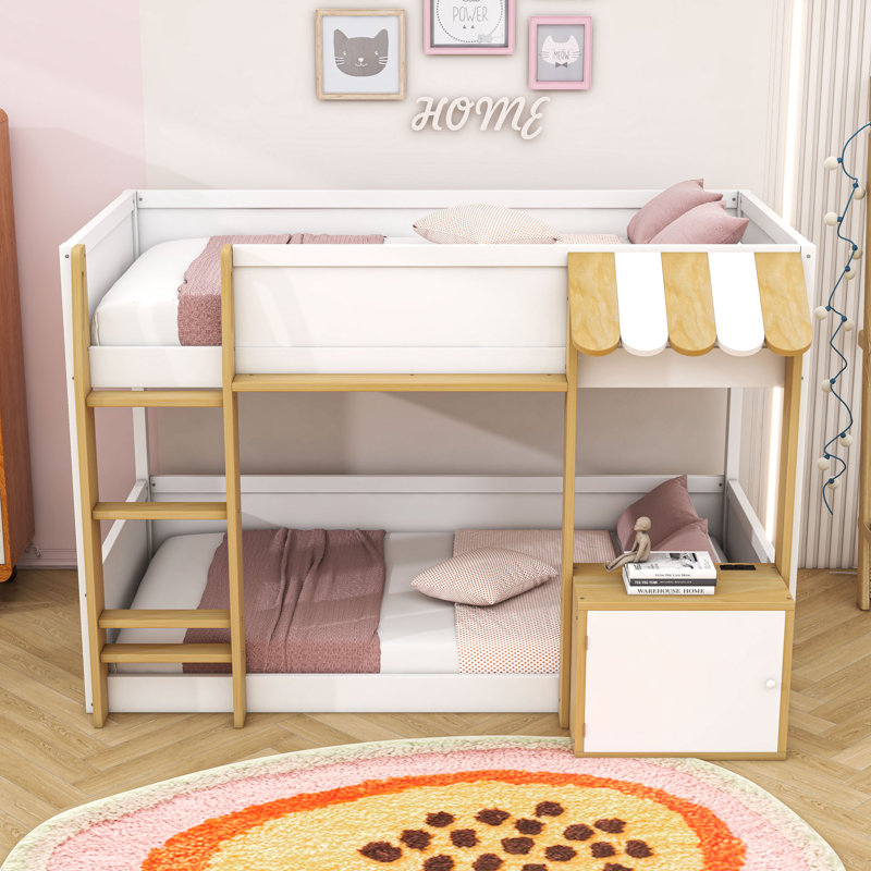 Lit superposé simple en bois avec bureau, rangement et station de charge USB