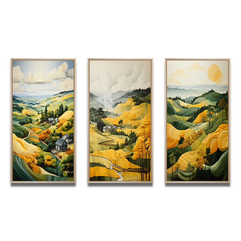 «Yellow and Green Pastoral Bold Landscape», 3 pièces, Encadré naturel, H 32 po x l 48 po