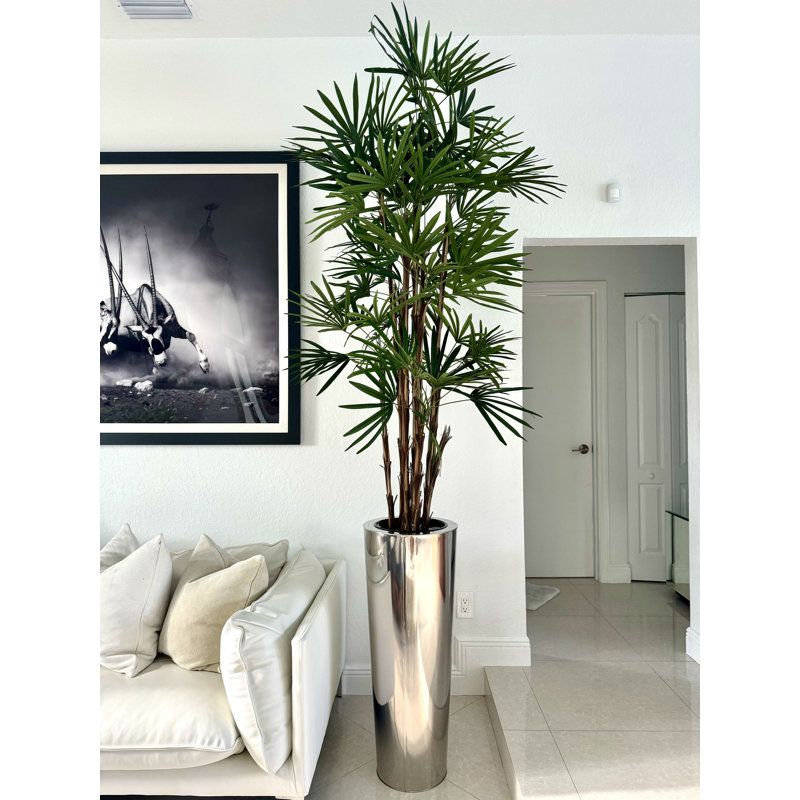 Lady Faux Palm Tree in Metal Planter, Silver, 104" H x 33" W x 33" D