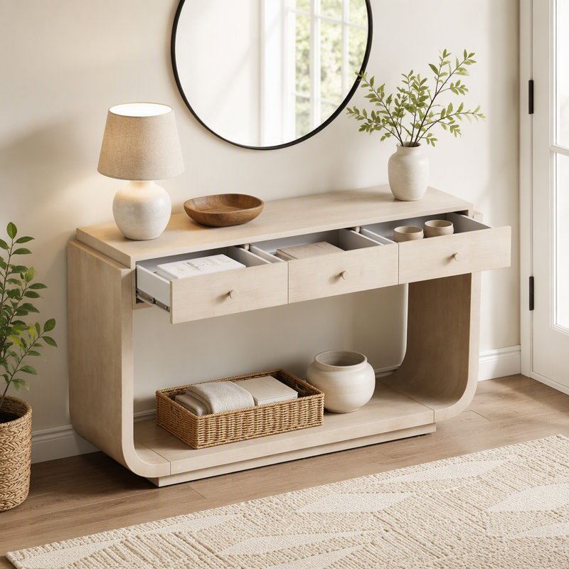 Console de style antique, 3 tiroirs de rangement, tablette de présentation, pieds courbés, placage de paulownia, vestibule / couloir / salon