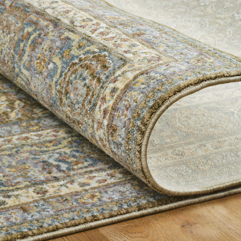 Narooma Olive Khaki Paisley Area Rug, Runner 2'6" x 10', Brown/Blue