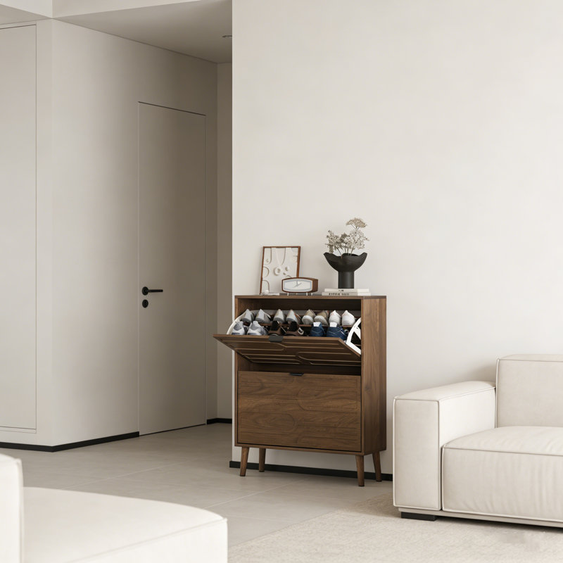 Flip-Drawer Shoe Cabinet With Groove Panel Design