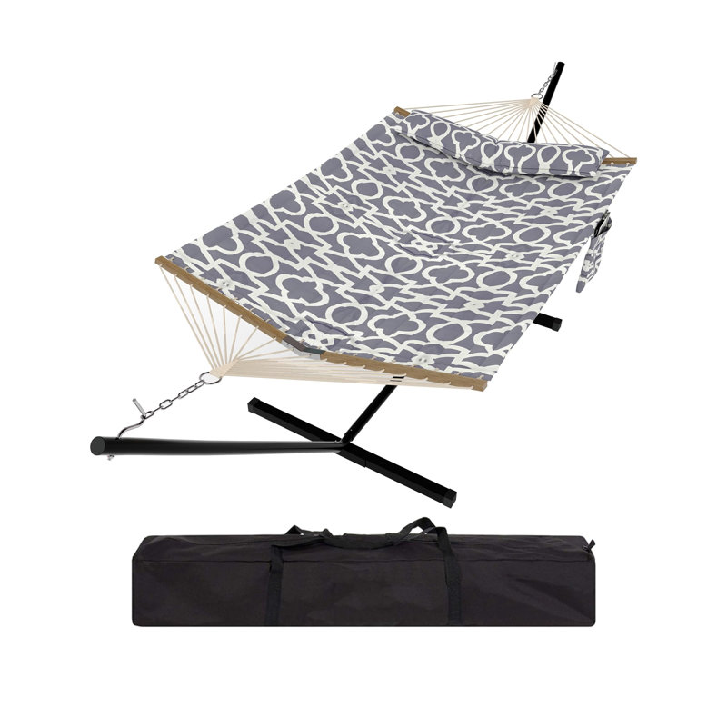 Hamac double avec support - polyester matelassé pour 2 personnes, capacité de 450 lb, barre d'écartement en bois franc, résistant aux intempéries, confortable et portable pour la terrasse, le jardin, la cour arrière, la plage - couleur gris clair