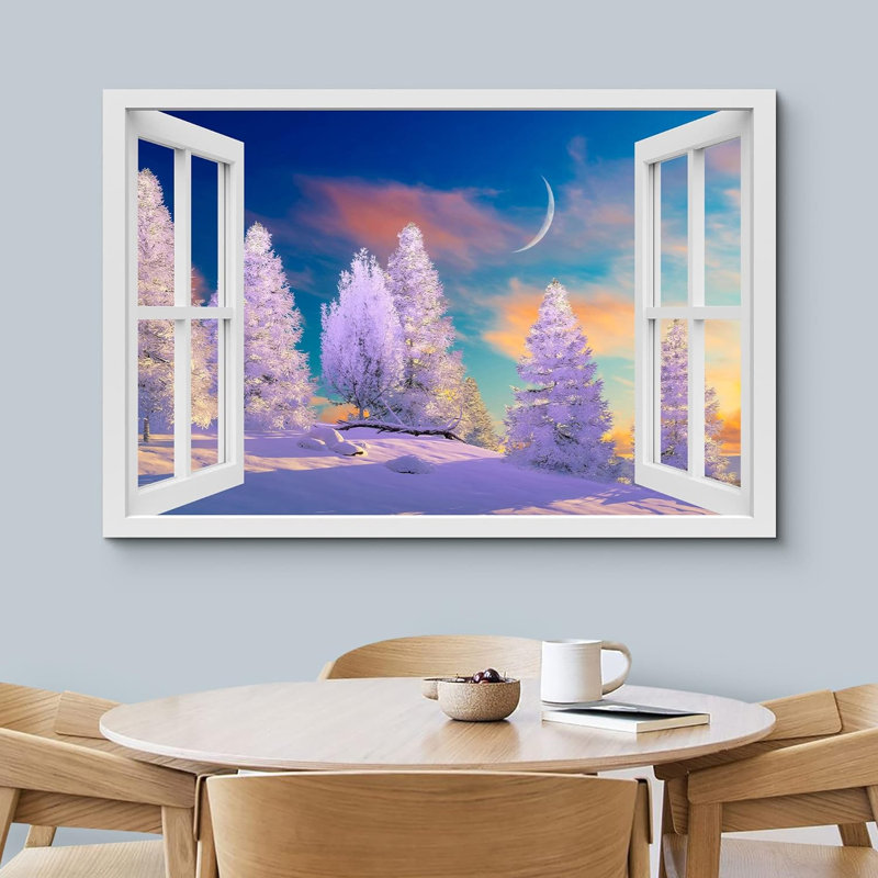Fenêtre de paysage «Window View Vibrant Snowy Pine Tree Moon Forest Nature Scenic Landscape» sur toile, H 24 po x l 36 po